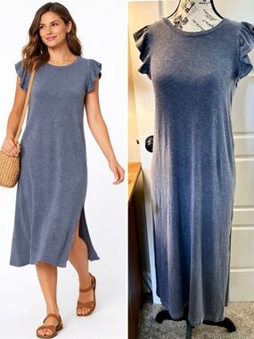 SUNDRY Heathered Blue Ruffle Shoulder Side Slit Tee Midi Dress Sz 0 / XS💛